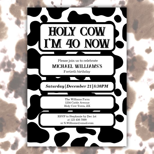 Holy Cow Funny Black White 40th Birthday Einladung