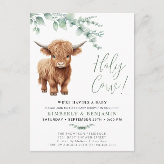 Holy Cow Greenery Highland Cow Couples Kinderdusch Einladungspostkarte (Vorderseite)
