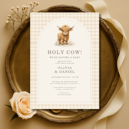 Holy Cow Highland Cow Gingham Baby Shower Einladung