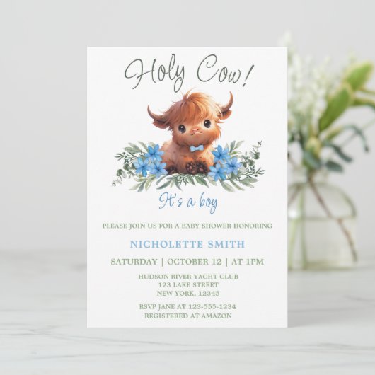 HOLY COW HIGHLAND MODERN BLAUE BABY DUSCHE EINLADUNG (Stehend Vorderseite)