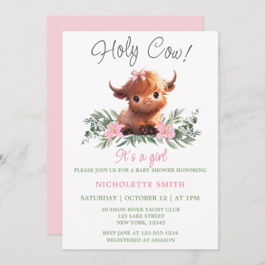 HOLY COW HIGHLAND MODERN PINK BABY DUSCHE EINLADUNG (Vorne/Hinten)
