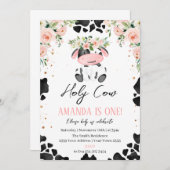 Holy Cow I'm One. Little Cow. Floral Birthday Einladung (Vorne/Hinten)