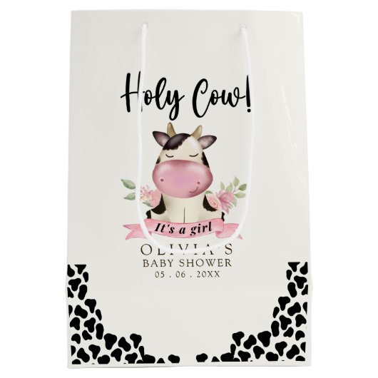 Holy Cow It's a Girl Cute Cow Baby shower Mittlere Geschenktüte (Rückseite)