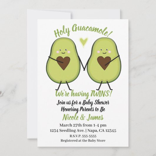 Holy Guacamole Heart Avocado Baby Shower Twins Einladung (Vorderseite)