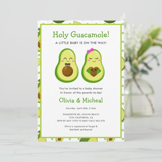 Holy Guacamole Kawaii Avocado Baby Dusche Einladung (Stehend Vorderseite)