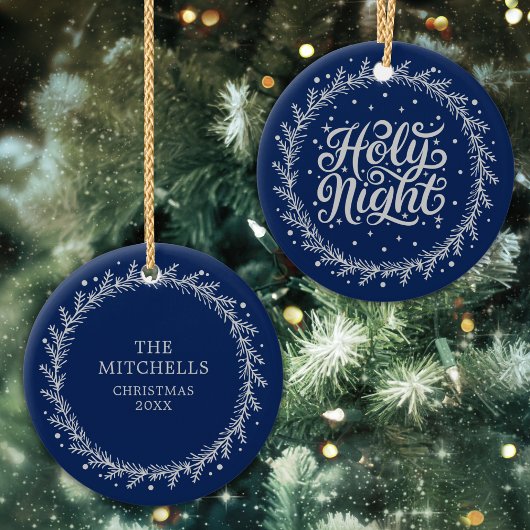 Holy Night Blue Silver Script Elegante Keepake Keramik Ornament