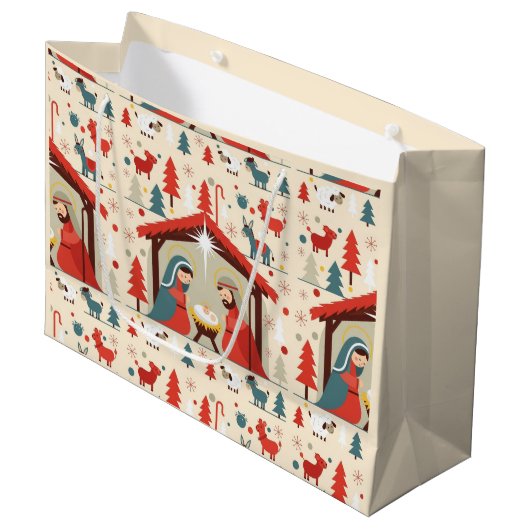 Holy Night Nativity Christmas Gift Bag Große Geschenktüte (Vorderseite Schrägansicht)