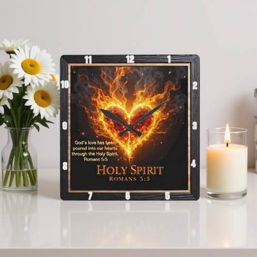 Holy Spirit Glowing Flaming Heart Love Romans 5:5 Quadratische Wanduhr