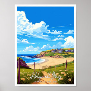 Holywell Bay Cornwall England Reiseillustration Poster