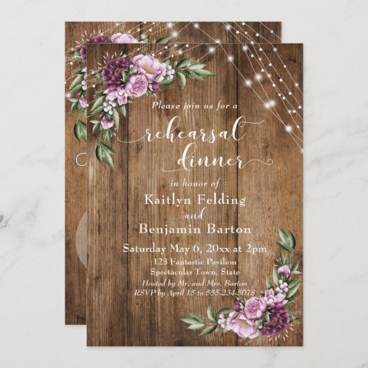 Holz, Aquarell Blume & Lights Probe Abendessen Einladung (Vorne/Hinten)