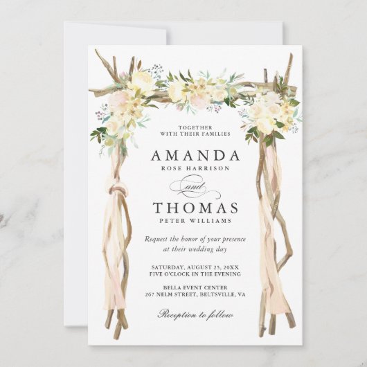 Holz Arbor Arch Elfenbein Weiße Rustikale Blumenho Einladung (Vorderseite)