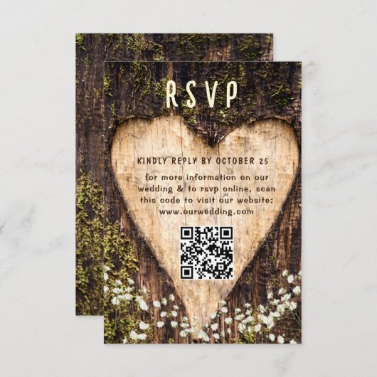Holz Bark Heart Rustic Wedding QR Code RSVP Karte (Vorne/Hinten)