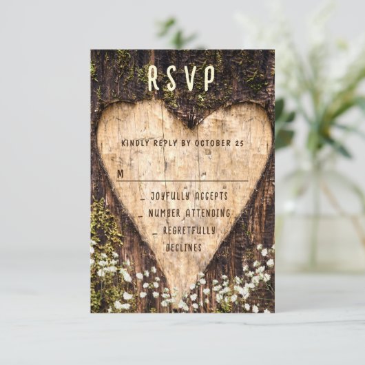 Holz Bark Herz Rustikale Hochzeit RSVP Karte (Stehend Vorderseite)