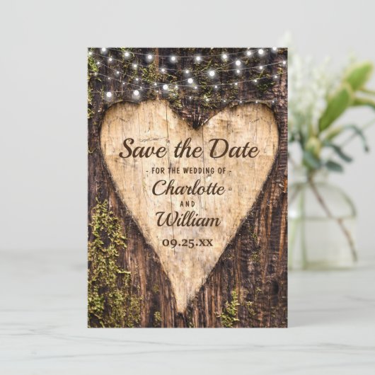 Holz Bark Herz Rustikale Hochzeit Save The Date (Stehend Vorderseite)