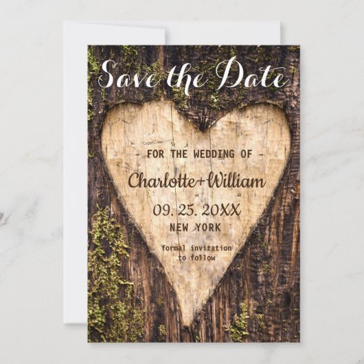 Holz Bark Herz Rustikale Hochzeit Save The Date (Vorderseite)