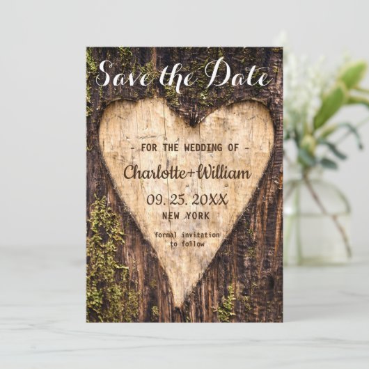 Holz Bark Herz Rustikale Hochzeit Save The Date (Stehend Vorderseite)