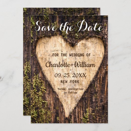 Holz Bark Herz Rustikale Hochzeit Save The Date (Vorne/Hinten)