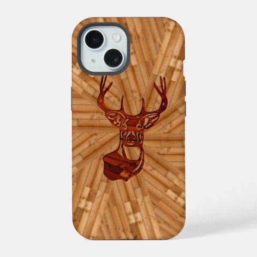 Holz - Bockhirschmontage iPhone 15 Hülle (Rückseite)