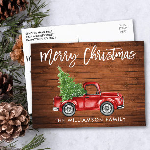 Holz-Bürstenschrift Vintage-LKW Weihnachtsbaum Postkarte