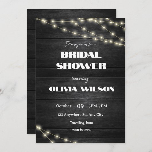 Holz-Eleganz: Rustikale Hochzeit mit Baumleuchten Einladung (Vorne/Hinten)