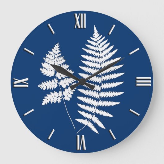 Holz-Fern-Muster, Kobalt Blau und Weiß Große Wanduhr (Vorderseite)