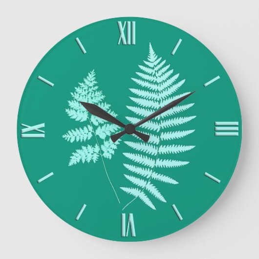 Holz-Fern-Muster, Türkis und Aqua Große Wanduhr (Vorderseite)