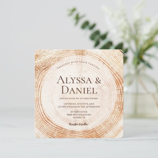 Holz geschnitten Grain Custom Foto Rustikale Hochz Einladung (Stehend Vorderseite)