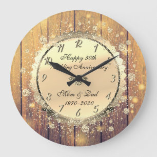 Holz,Gold Confetti 50. Hochzeitstag Große Wanduhr