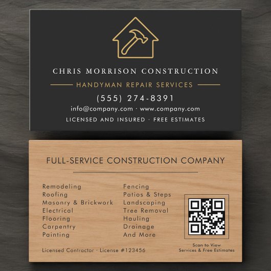 Holz-Handwerker-Bau Schwarz-Gold-QR-Code Visitenkarte