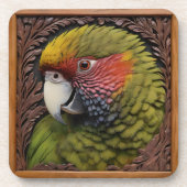 Holz Harmonie: Grünes Lorikeet auf geschnitztem Ho Getränkeuntersetzer (Vorderseite)