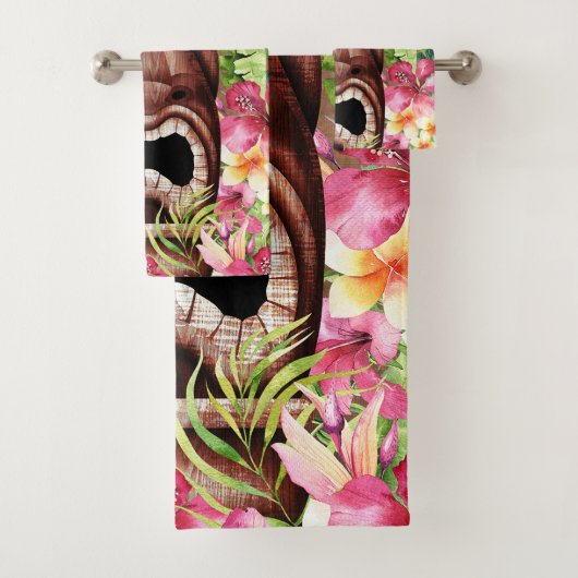 Holz Hawaiian Tiki Luau Sommer Tropical Badhandtuch Set (Insitu)