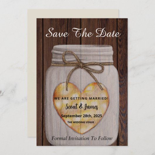Holz Hintergrund mit Herz Mason Jar Save The Date (Vorne/Hinten)