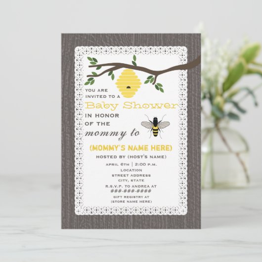 Holz-inspirierte Honig-Bienen-Themed Baby-Dusche Einladung (Stehend Vorderseite)