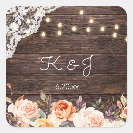 Holz Jean Lace, Blush & Peach Floral Monogram Quadratischer Aufkleber (Vorderseite)
