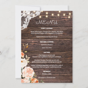 Holz-Lace-Blush- und Pfirsich-Blumen-Menü für den  Einladung