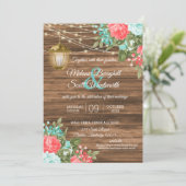 Holz, Laternen und Aquamarin, Korallen Blume Hochz Einladung (Stehend Vorderseite)