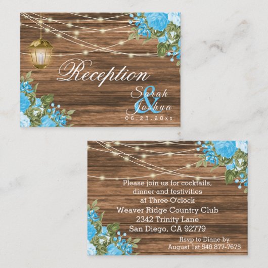 Holz, Laternen und Baby Blue Blume - Empfang Begleitkarte (Vorne/Hinten)