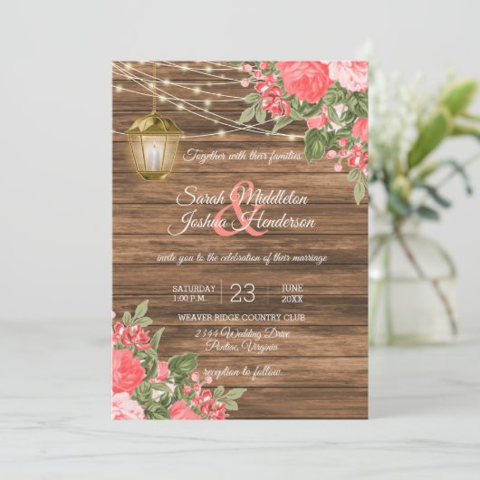 Holz-, Laternen- und Korallenhochzeit - Blume Einladung (Stehend Vorderseite)