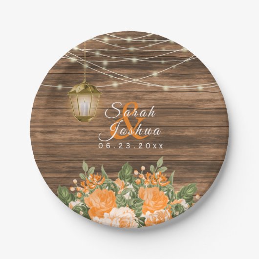 Holz, Laternen und orange Blume Pappteller (Vorderseite)