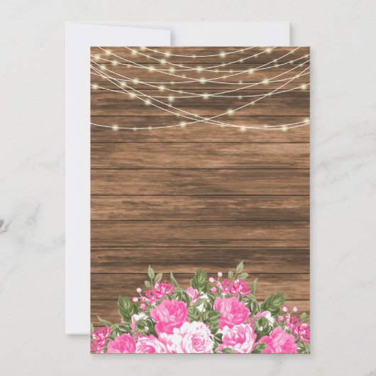 Holz, Laternen und rosa Blume Hochzeit Einladung (Rückseite)
