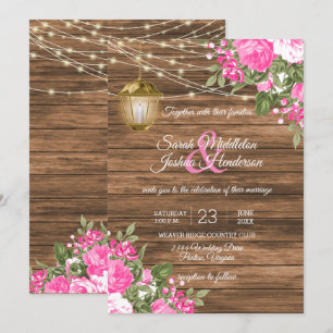 Holz, Laternen und rosa Blume Hochzeit Einladung