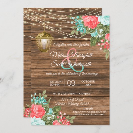 Holz, Lattern und Aquamarin, Korallen Blume Weddin Einladung (Vorne/Hinten)