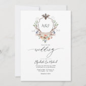 Holz Laurel Wappen Monogram QR Code Hochzeit Einladung (Vorderseite)