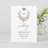 Holz Laurel Wappen Monogram QR Code Hochzeit Einladung (Stehend Vorderseite)