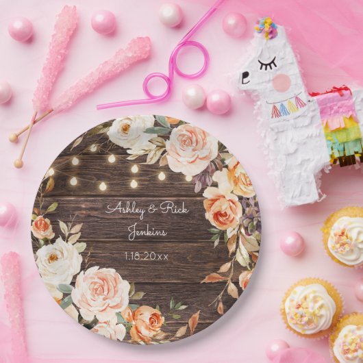 Holz, Licht, Rosa und Pfirsichblüten Pappteller (Party)