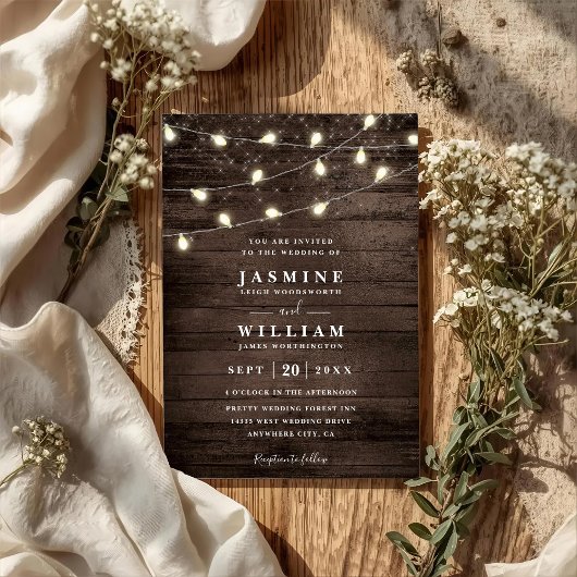 Holz-Lichterkette Rustikale Landhochzeit QR-Code H Einladung