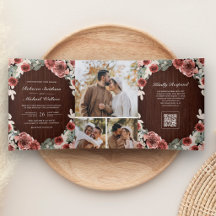 Holz Marsala Florale Fotocollage QR-Code Hochzeit