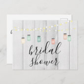 Holz & Mason Jar Lights Rustikales Brautparty Einladungspostkarte (Vorne/Hinten)