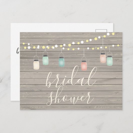 Holz & Mason Jar Lights Rustikales Brautparty Einladungspostkarte (Vorne/Hinten)