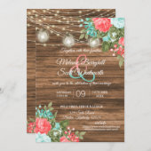 Holz, Mason Jars und Aquamarin, Korallen Blume Hoc Einladung (Vorne/Hinten)